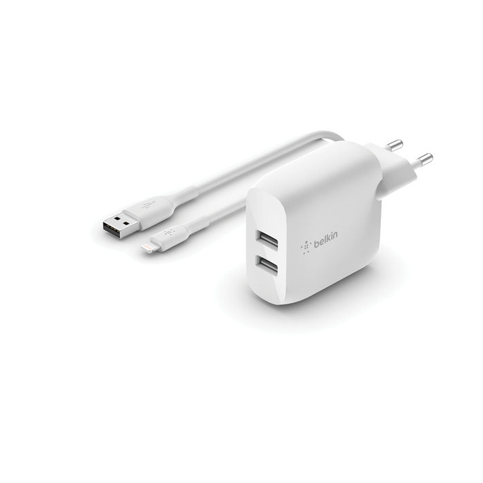 Doppio caricabatteria da parete USB-A da 24 W + cavo da Lightning a USB-A 1m - Bianco