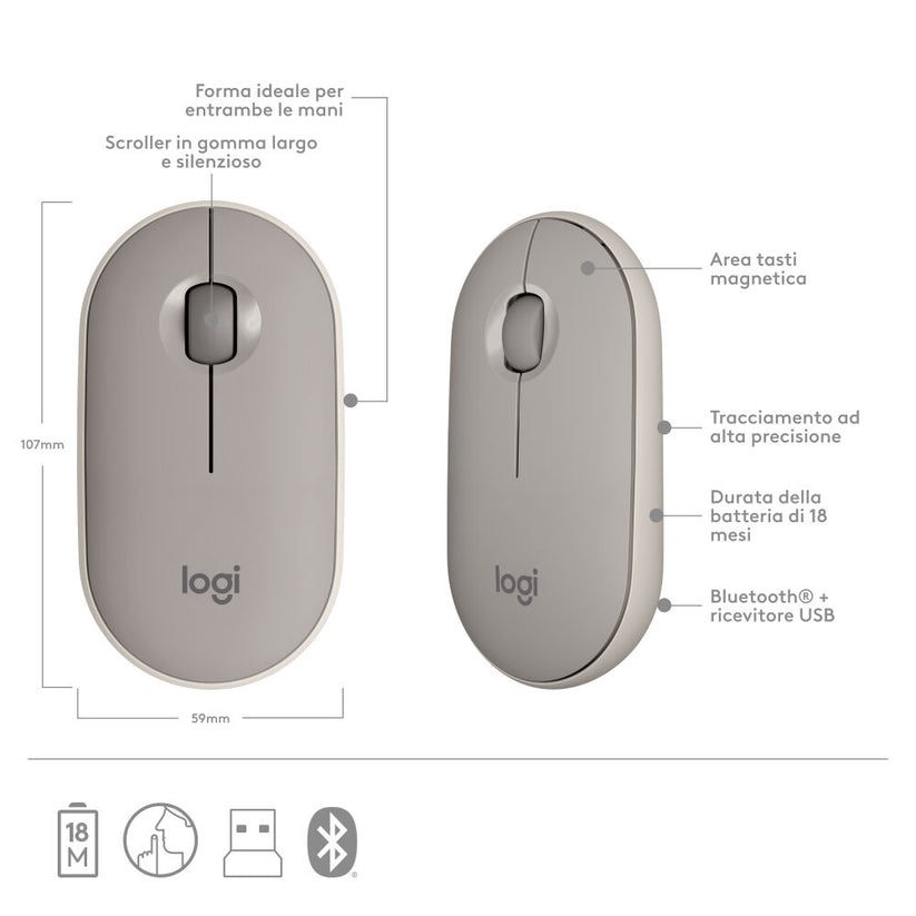 Mouse Bluetooth Logitech M350 Ambidestro - Sabbia