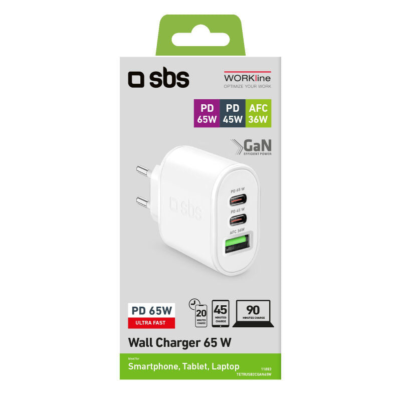 Caricatore GaN da 65W con 2 porte USB-C + 1 USB-A - Bianco