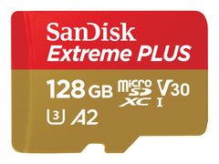 SanDisk Extreme PLUS - Scheda di memoria flash (adattatore da microSDXC a SD in dotazione) - 128 GB - A2 / Video Class V30 / UHS-I U3 / Class10 - UHS-I microSDXC