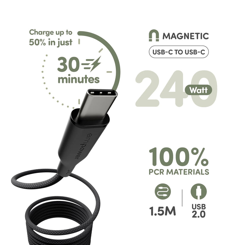 Cavo magnetico da USB-C a USB-C empower da 240 W - USB 2.0 - 1,5 m - Nero siderale