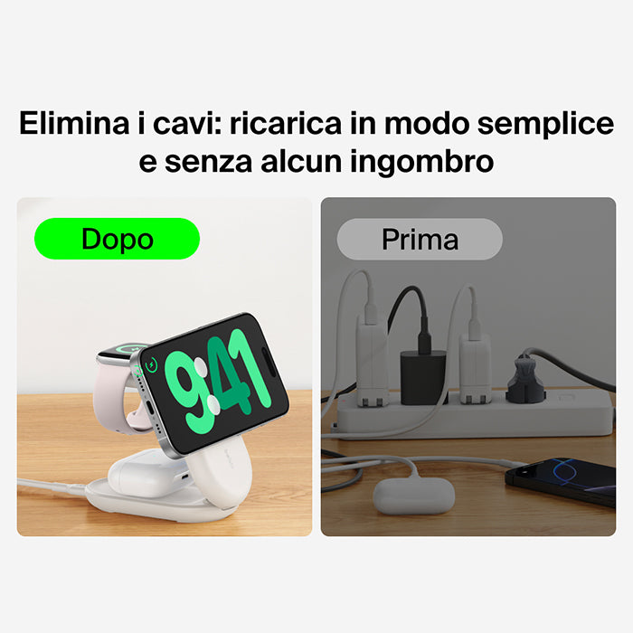 Belkin UltraCharge - Caricabatteria wireless magnetico pieghevole 3in1 con Qi2 da 25W - Bianco