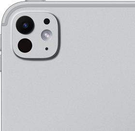 Un iPad Pro color argento, visto da dietro, sistema di fotocamere Pro con obiettivo a cinque elementi e flash True Tone adattivo