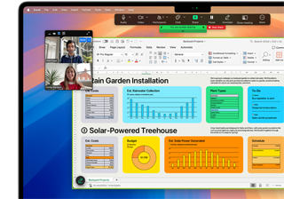 Sullo schermo di un MacBook Pro da 16 pollici compaiono una serie di grafici, alcuni diagrammi e una videochiamata, a dimostrazione della compatibilità di macOS con Microsoft Excel e Zoom