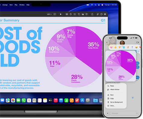 Un MacBook Pro 14 pollici con M5 e un iPhone 17 Pro Max mostrano una presentazione di Keynote con grafico a torta condivisa tra i due dispositivi grazie alle funzionalità di Continuity
