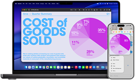 Un MacBook Pro 14 pollici con M5 e un iPhone 17 Pro Max mostrano una presentazione di Keynote con grafico a torta condivisa tra i due dispositivi grazie alle funzionalità di Continuity
