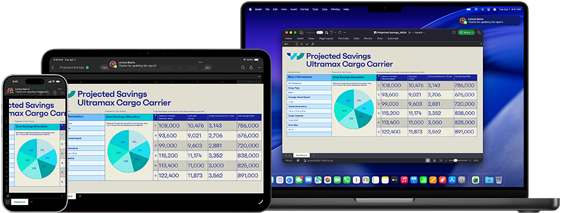 Schermi di iPhone 17 Pro, iPad Pro 11 con M4 e MacBook Pro con M4 che mostrano lo stesso foglio di calcolo di Microsoft Excel con dati organizzati in tabelle e grafici a torta