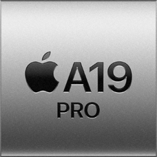 Un quadrato color argento con il logo Apple e la scritta A19 Pro che rappresenta il chip A19 Pro